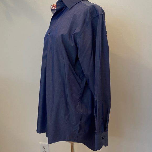 Lorenzo Uomo Mens Blue Dress Shirt w Contrasting Plaid Cuff Collar /16 32-33 - Picture 8 of 13